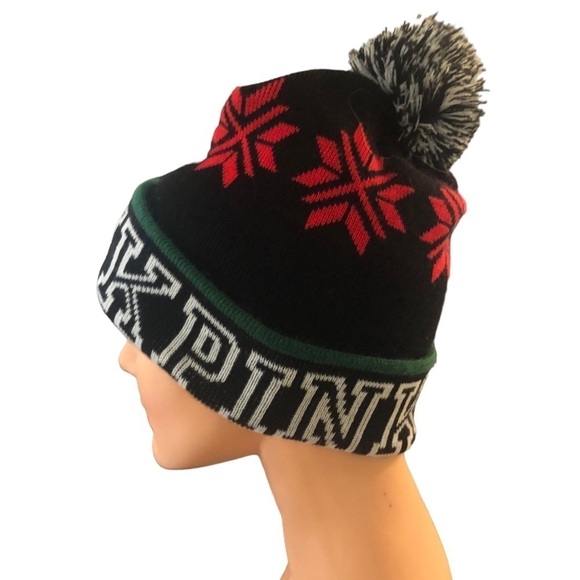 Pink Victoria’s Secret Stocking Cap Beanie Pom Pom Spelled Out Logo Black Red OS - Picture 3 of 5
